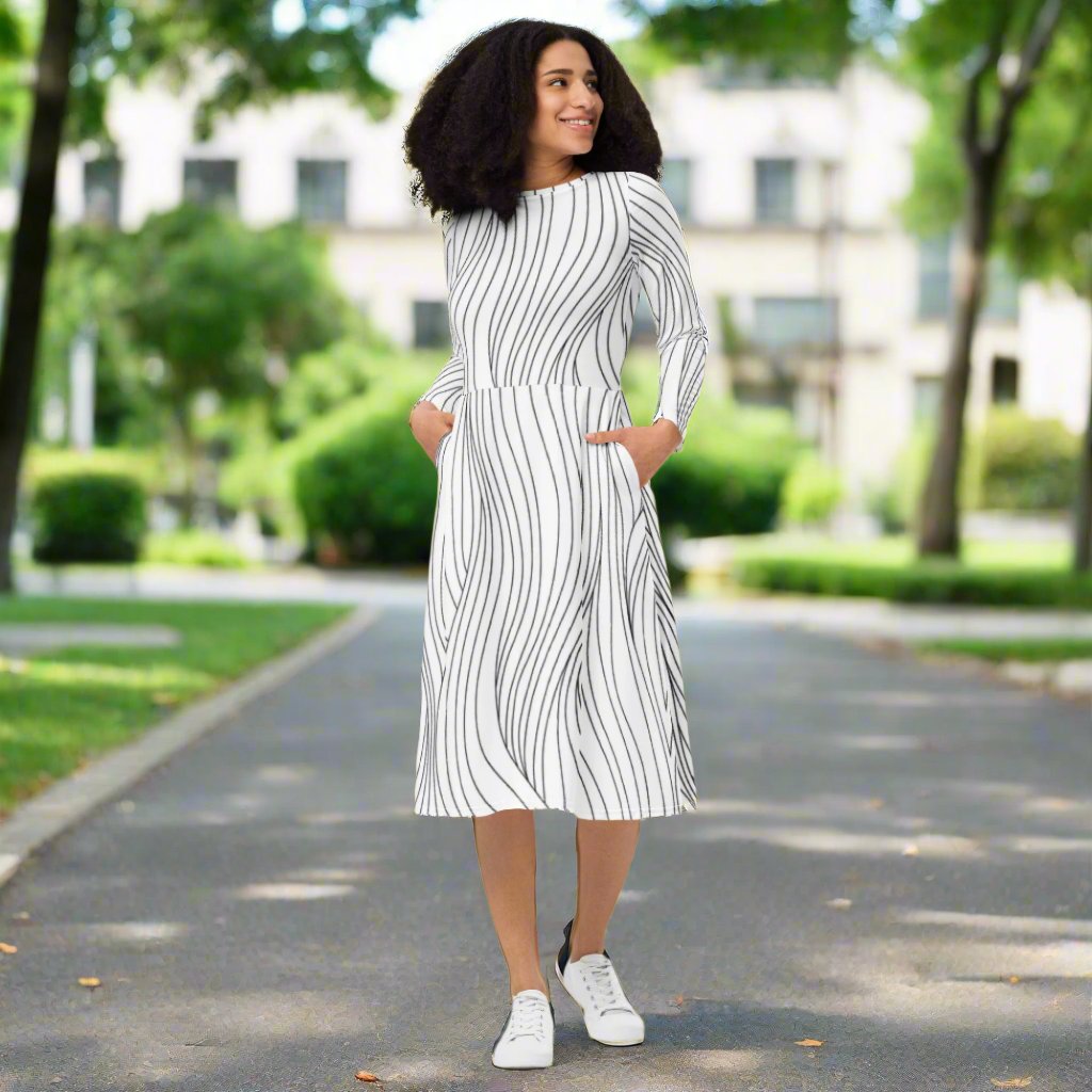 #gt4l Black and White Line Print Long Sleeve Midi Dress