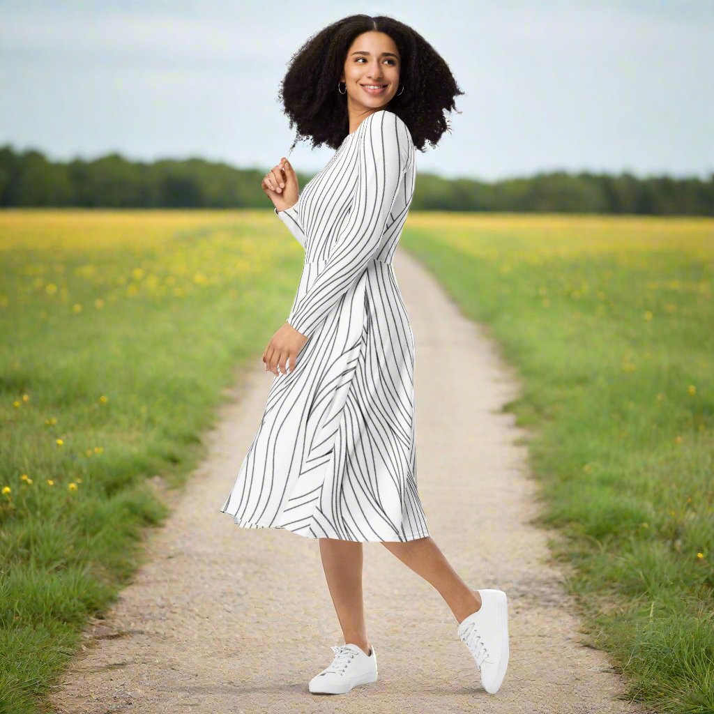 #gt4l Black and White Line Print Long Sleeve Midi Dress