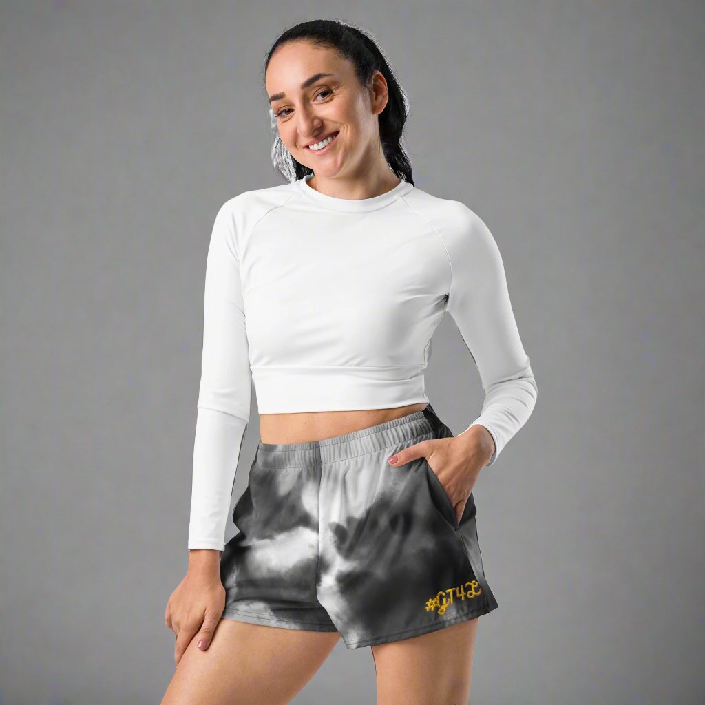 #GT4L Women’s Grey Tie Dye Recycled Athletic Shorts. Branded Clothing Accessories